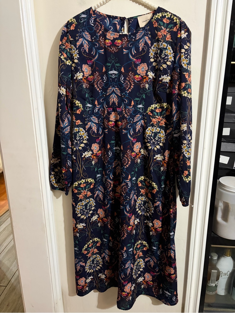Floral Navy Midi Dress with Long Sleeves